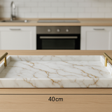 Bandeja Decorativa Mármore Branco com Alças Douradas 40x25cm
