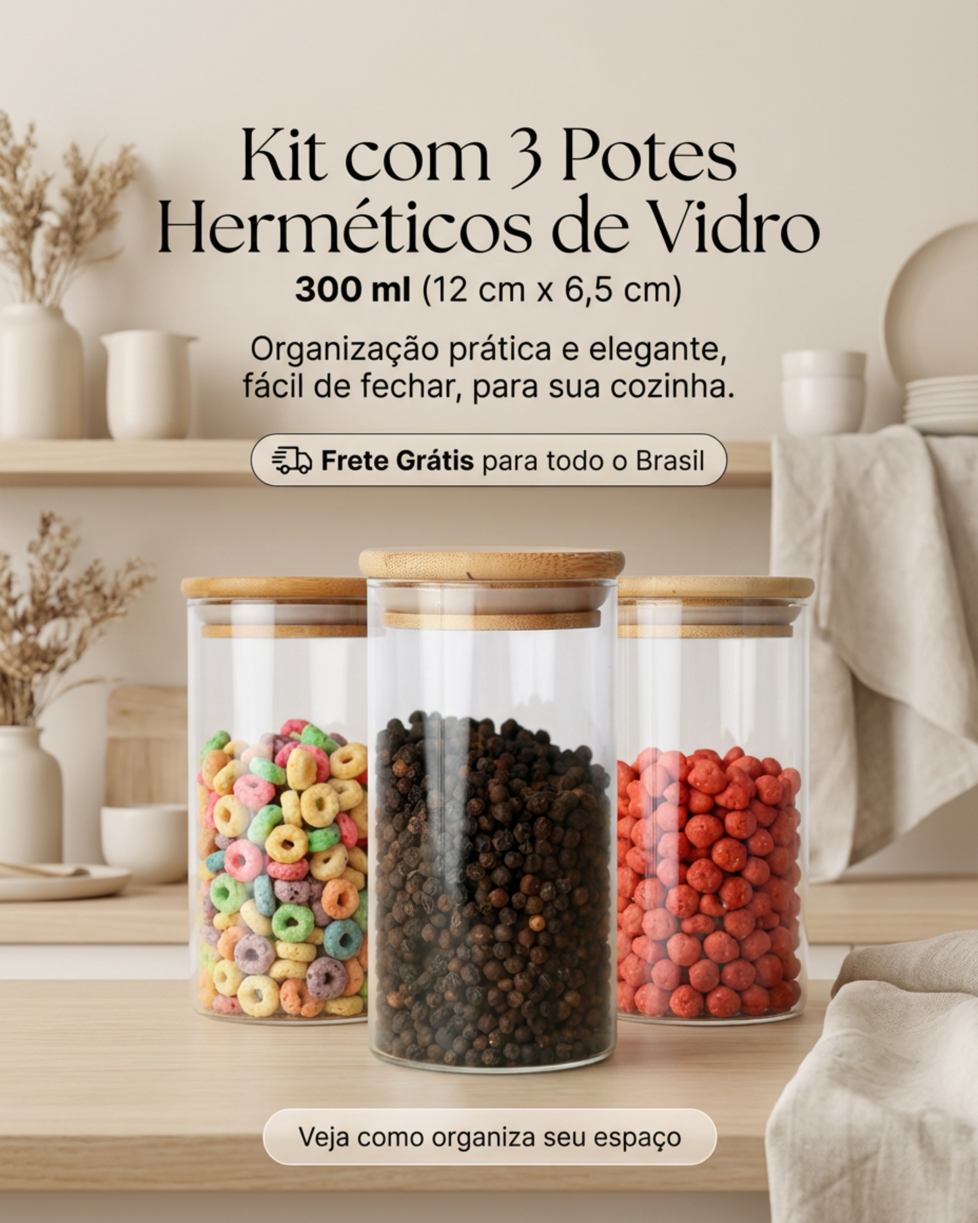 Kit 3 Potes Herméticos de Vidro com Tampa de Bambu