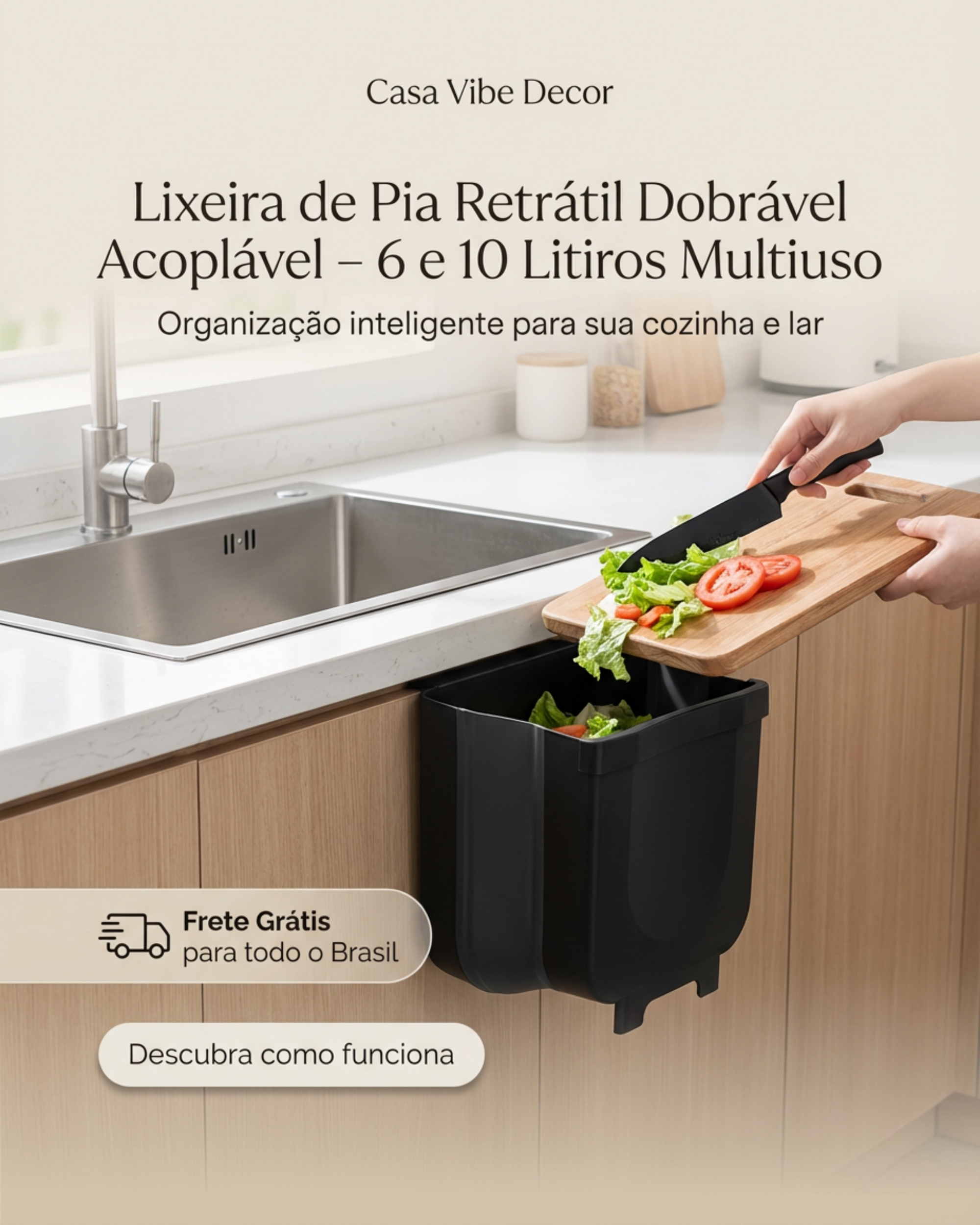 Lixeira Retrátil Dobrável para Pia 6L e 10L – Compacta e Multiuso