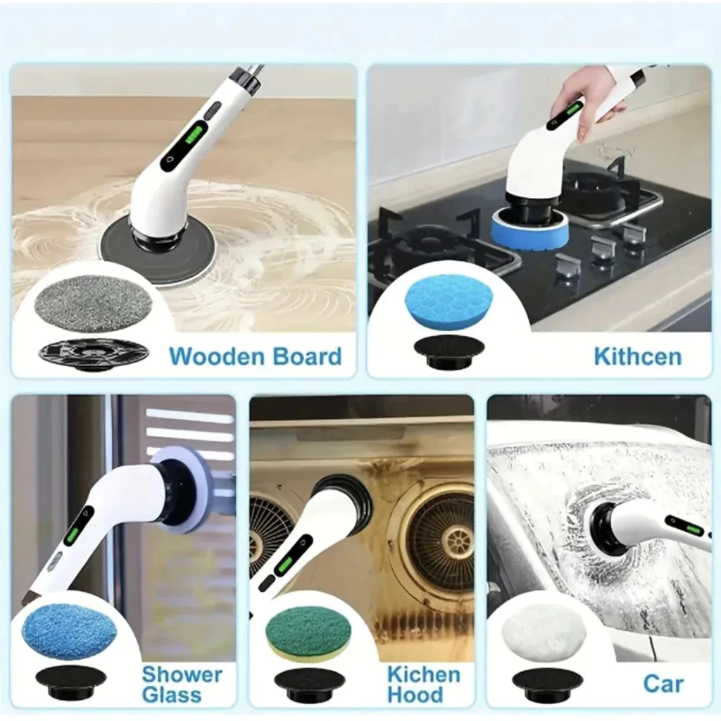 Escova de limpeza elétrica multifuncional sem fio 9 em 1 para limpeza de carros, cozinhas e banheiros (recarregável)