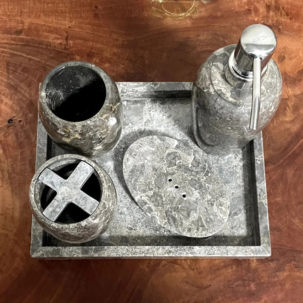 Conjunto de Banheiro em Mármore Natural Cinza - 5 peças