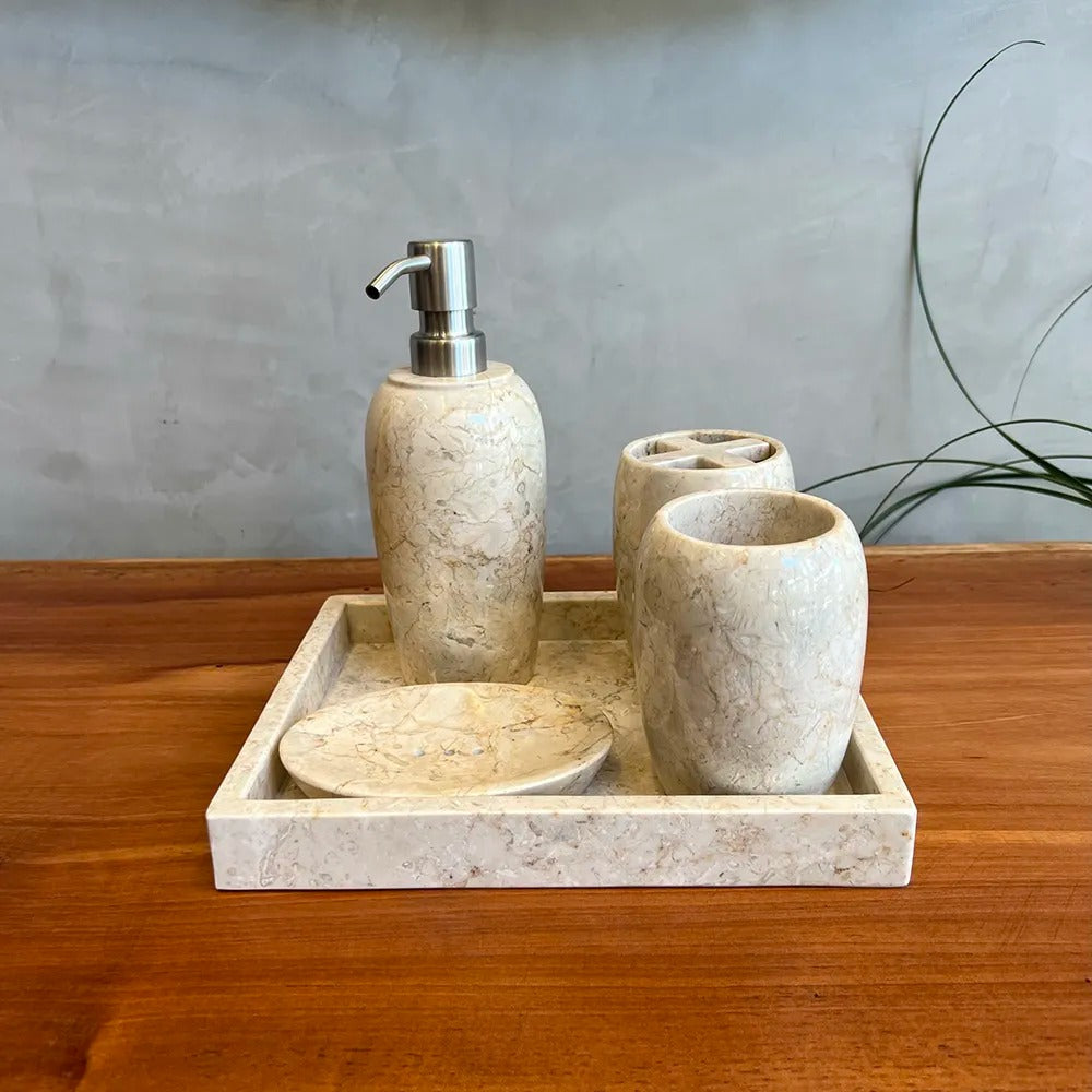 Conjunto de Banheiro em Mármore Natural Travertino Cream - 5 peças